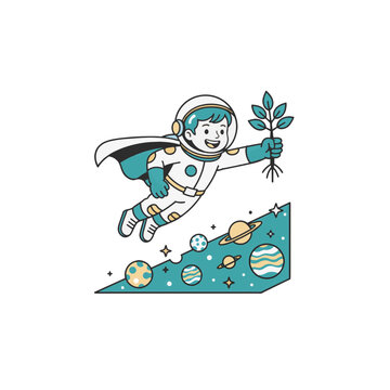 Astronaut child flying with seedling, space and planets