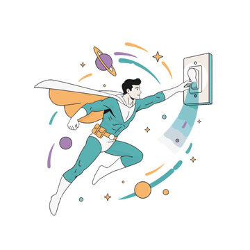 Superhero turning off light switch illustration for energy saving