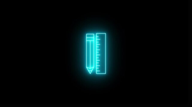 Glowing neon cyan icon of a vertical pencil with an eraser top positioned beside a measuring ruler against a black background. Animated graphic design tools icon, wireframe layout editor.