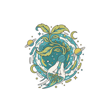 Vector illustration of plant growing from lightbulb with planets