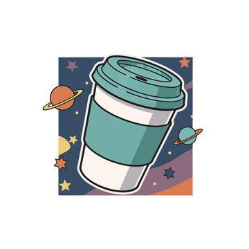 Reusable coffee cup with planets and stars illustration