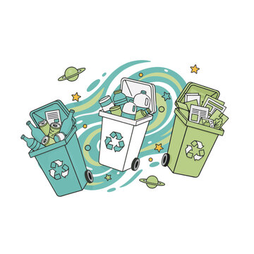 Recycling bins with sorted waste and planets illustration