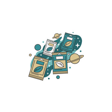 Seed packets floating in space with planets and stars