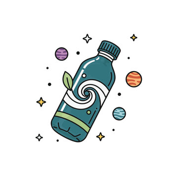 Recycled water bottle with planets and stars, eco concept