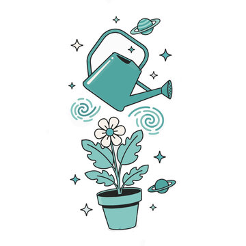 Watering can pouring water on potted plant, growth concept