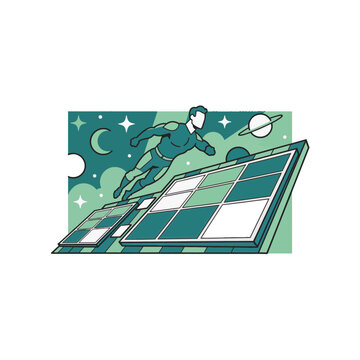 Superhero flying over solar panels on rooftop