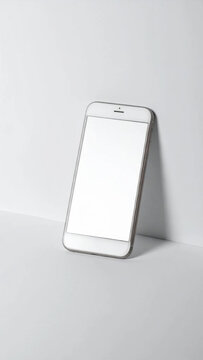 White smartphone leaning against wall on clean surface, creating minimal technology concept with soft shadow and blank screen for copy space
