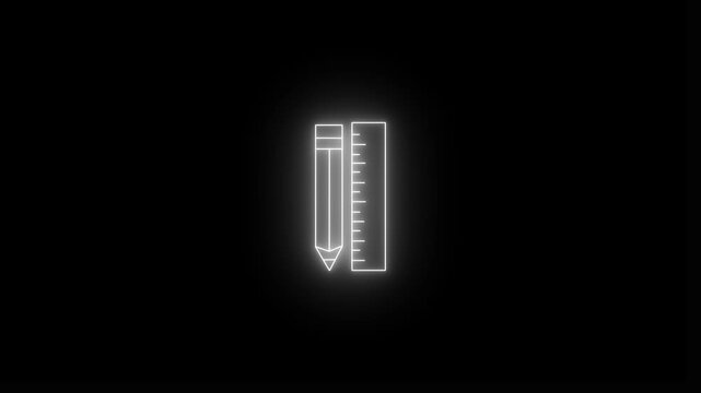 Glowing neon white icon of a vertical pencil with an eraser top positioned beside a measuring ruler against a black background. Animated graphic design tools icon, wireframe layout editor.