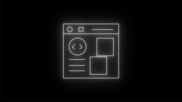 Glowing neon green icon of a web browser window display featuring top navigation controls, a circular code tag emblem ,text lines, and stacked content tiles against a black background. 
