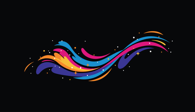 Abstract colorful wave design with fluid lines of yellow, orange, blue, and purple on a solid black background.