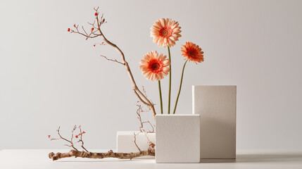 Fototapeta premium Minimal White Podiums with Gerbera Flowers and Wooden Branches, Soft Commercial Product Display