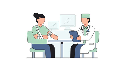 Fototapeta premium Doctor consulting patient with arm injury and sling at desk with computers