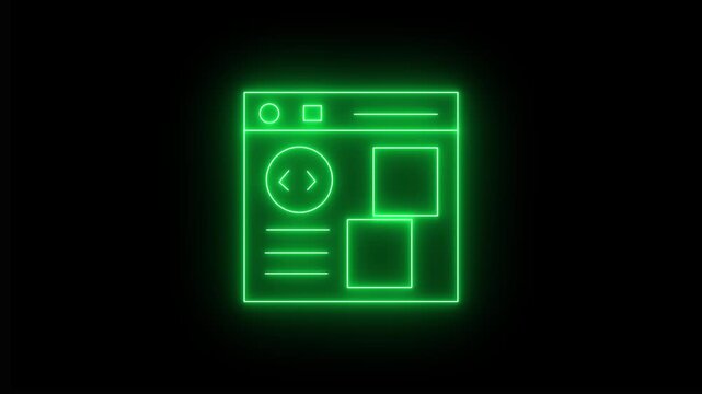 Glowing neon green icon of a web browser window display featuring top navigation controls, a circular code tag emblem ,text lines, and stacked content tiles against a black background. 