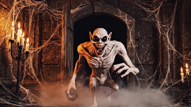 Ghoul Emerging from a Cobweb-Draped Dungeon: A terrifying, emaciated ghoul with glowing eyes and sharp teeth emerges from a dark, ancient dungeon, its form shrouded in mist and cobwebs.