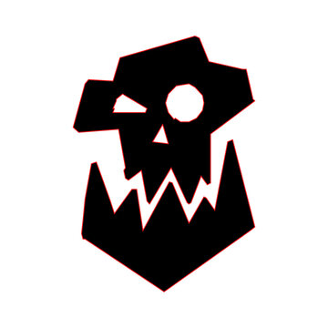 Aggressive black orc skull icon with large jagged jaw outline isolated on white background. Ideal for gaming mascots, tabletop RPG themes, and apparel design.