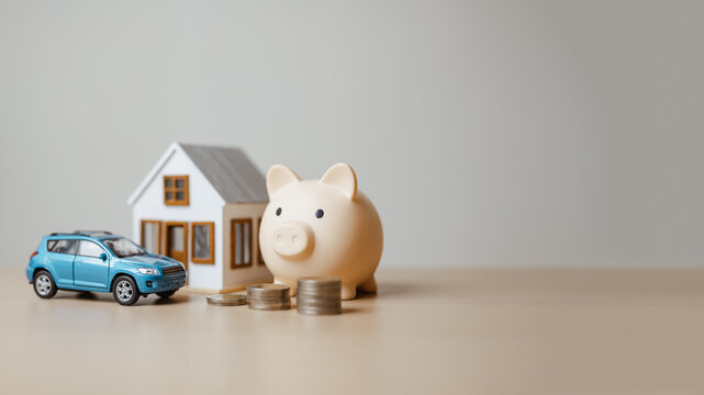 Home, car, piggy bank, and coins form a household asset scene, illustrating property insurance, mortgage planning, and balanced investment. Personal assets, finance; personal focus.