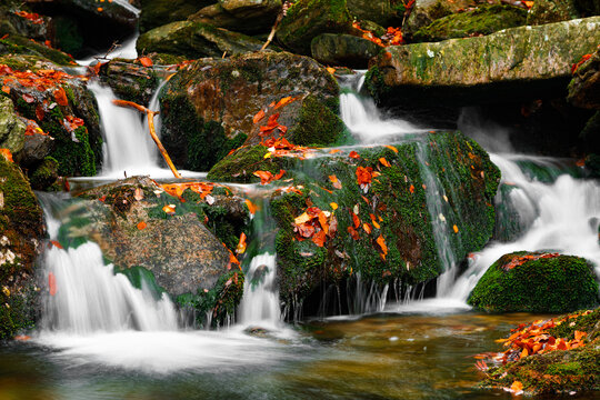 Waterfall. Autumn landscape with waterfall in the mountain forest of the Karkonosze National Park in Poland, Europe