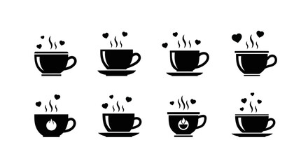 Fototapeta premium Set of black coffee cups with various steam shapes and heart elements, flat design icons illustrating hot beverages for romantic or cozy themes