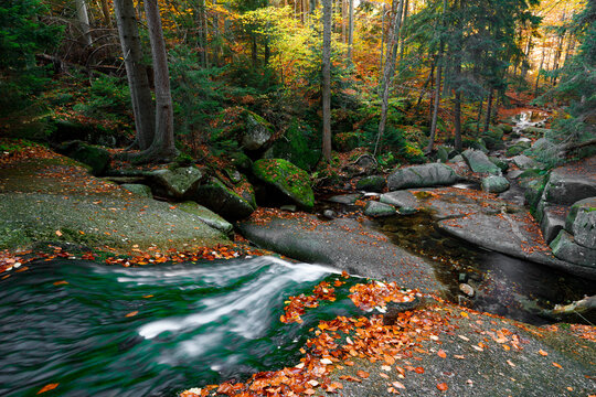 Waterfall. Autumn landscape with waterfall in the mountain forest of the Karkonosze National Park in Poland, Europe