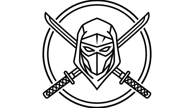 Minimalist ninja head icon with crossed katana blades drawn in simple black lines on white background