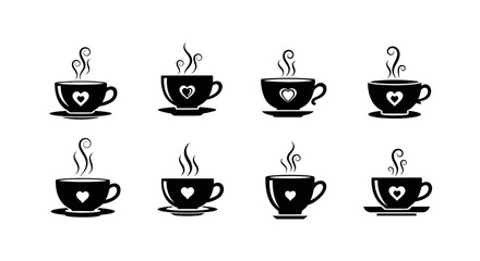 Obraz premium Elegant black coffee cup icons with decorative steam swirls and heart motifs on saucers for luxury cafe branding and romantic beverage design elements for menu