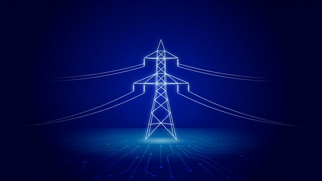 Abstract Glowing High Voltage Electric Tower with Digital Circuit Lines