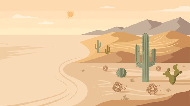 A minimalist flat design illustration of a vast desert landscape with sand dunes, saguaro cacti, rolling tumbleweeds, and distant mountains under a warm, sunny sky.
