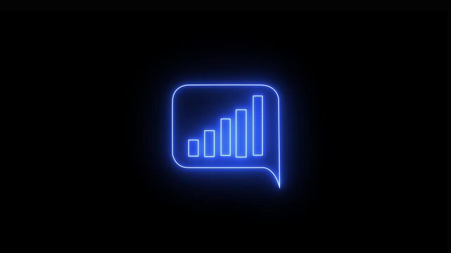 Glowing neon blue icon of a speech bubble containing a rising bar chart against a black background. Animated communication feedback, business messaging analytics, survey result animation.