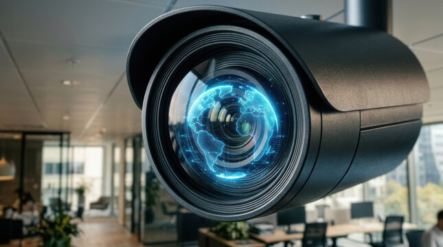 Camera lens reflecting world map with digital globe overlay modern office environment, symbolizing global surveillance