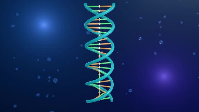 Animated DNA double helix rotating with glowing particle motion in blue background for science concept