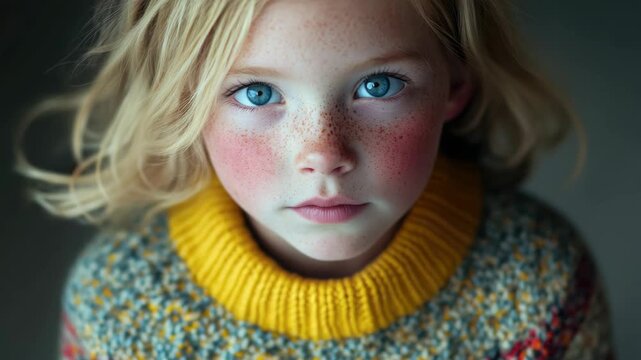 Portrait of a young girl with freckles and blonde hair