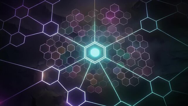 Abstract digital network with hexagonal nodes linked by glowing lines
