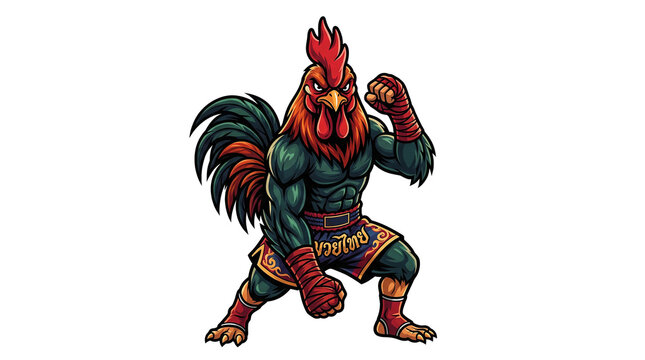 Powerful Muscular Rooster Fighter in Muay Thai Boxing Stance with Traditional Shorts and Hand Wraps Illustration