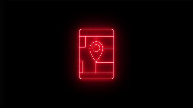 Glowing neon red icon of a mobile phone displaying a map screen with a location pin marker against a black background. 