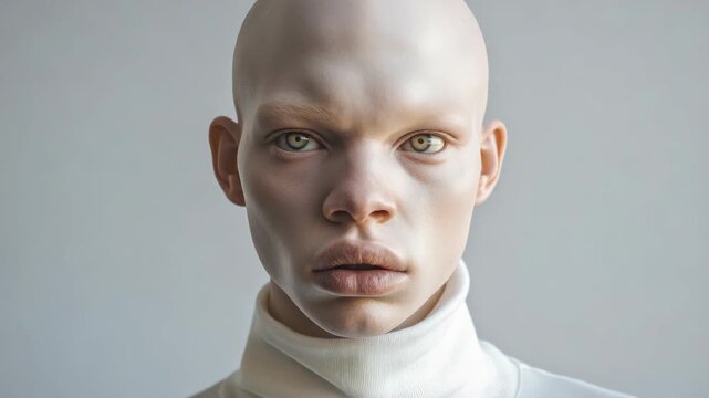 Portrait of a Person with Pale Skin and Large Eyes in a White Turtleneck