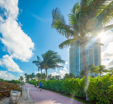 Couple walking toward Miami Beach with palm trees and skyscrapers
