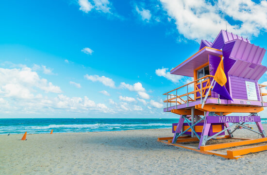 Purple and orange lifeguard tower at Miami Beach