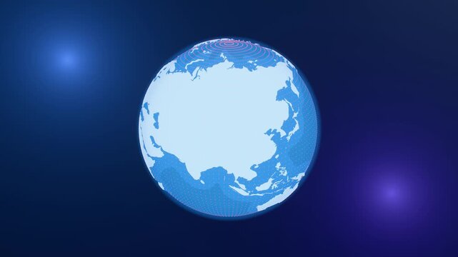 Digital 3D rotating globe animation depicting planet Earth with digital graphic elements on dark blue background