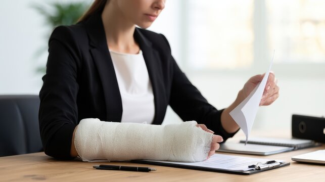 A professional woman with a cast on her arm reviews documents at her office desk.