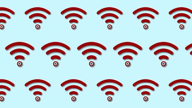 Red wifi signal icons pulse rhythmically in a brick pattern on a light blue backdrop, symbolizing wireless connectivity.
