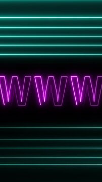 Futuristic neon tunnel animation reveals central glowing WWW web text Cyberspace internet connection powers this neon tunnel animation High speed data transmission drives the neon tunnel animation