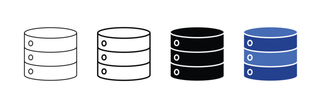 A versatile icon set depicting cylindrical database structures in various styles including outline line art solid and vibrant blue color