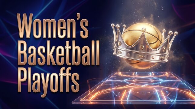Golden Crown on Basketball for Women's Basketball Playoffs Banner, Premium Sports Championship Design with Neon Glowing Court and Sparkles