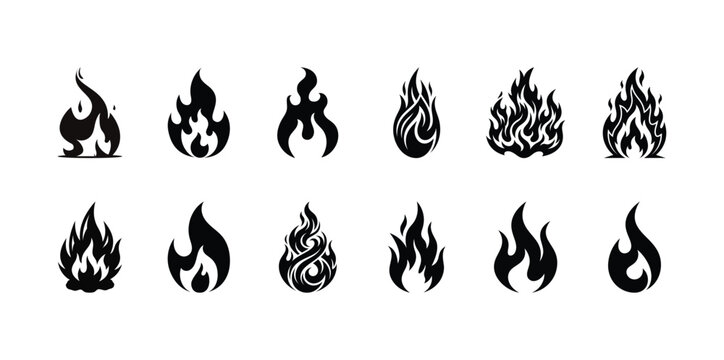 A diverse collection of black silhouette fire flame icons representing heat danger energy and combustion in various artistic styles