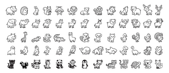 Naklejka premium Large set of cute wild and farm animals line icons