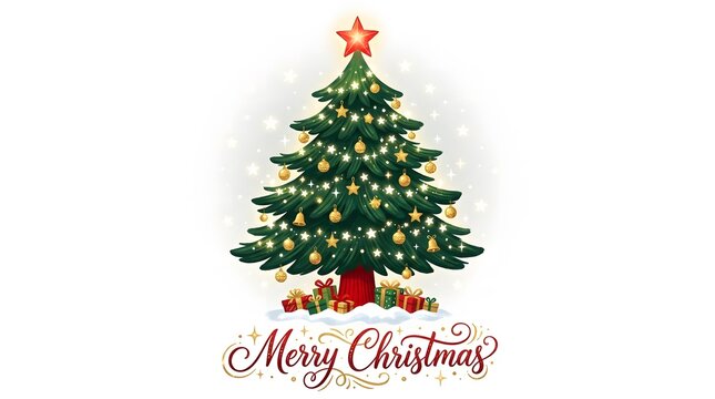 A beautifully decorated evergreen tree with gifts underneath and elegant merry christmas lettering on a white background