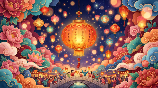 A vibrant and colorful depiction of chinese new year celebrations filled with glowing lanterns and blossoming flowers symbolizing prosperity