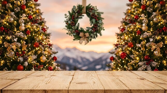 A festive wooden table background for a merry christmas display with decorated trees and a hanging wreath