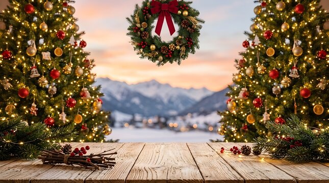 A beautiful merry christmas background featuring decorated pine trees and a festive wreath overlooking a snowy winter mountain landscape