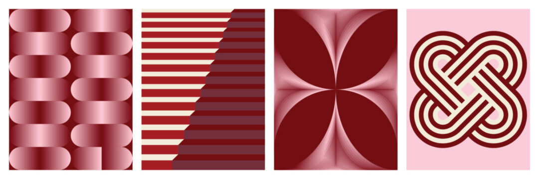 Set of four abstract geometric patterns with pink and burgundy gradient colors, modern minimalist design elements for digital backgrounds